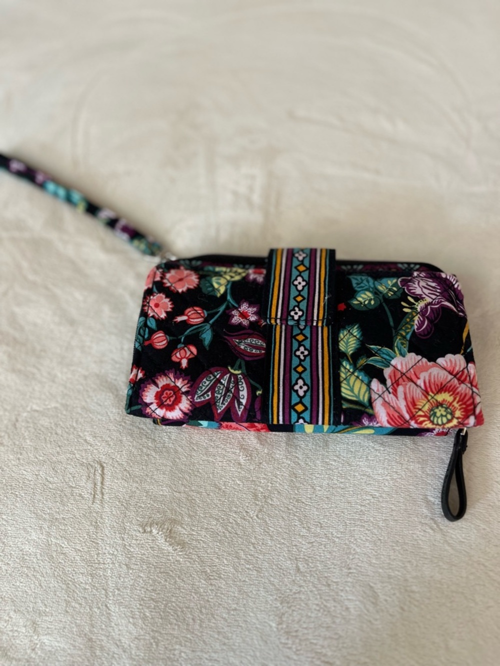 Vera Bradley Black Multi Floral Quilted Wristlet with Stripe Accent
